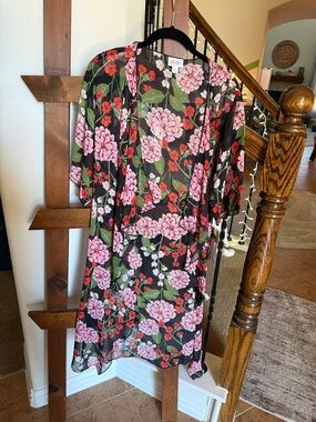 LuLaRoe Black Floral Swim Coverup with Pink and Green Flowers
